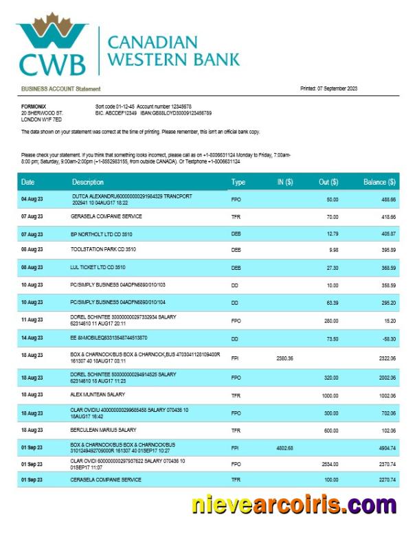 Canadian Western Bank firm account statement